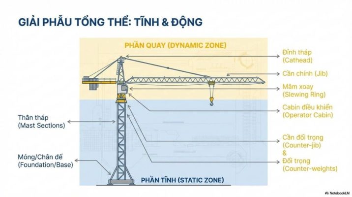 Sơ đồ minh họa nguyên lý tải và tầm với của cẩu tháp 25 tấn.